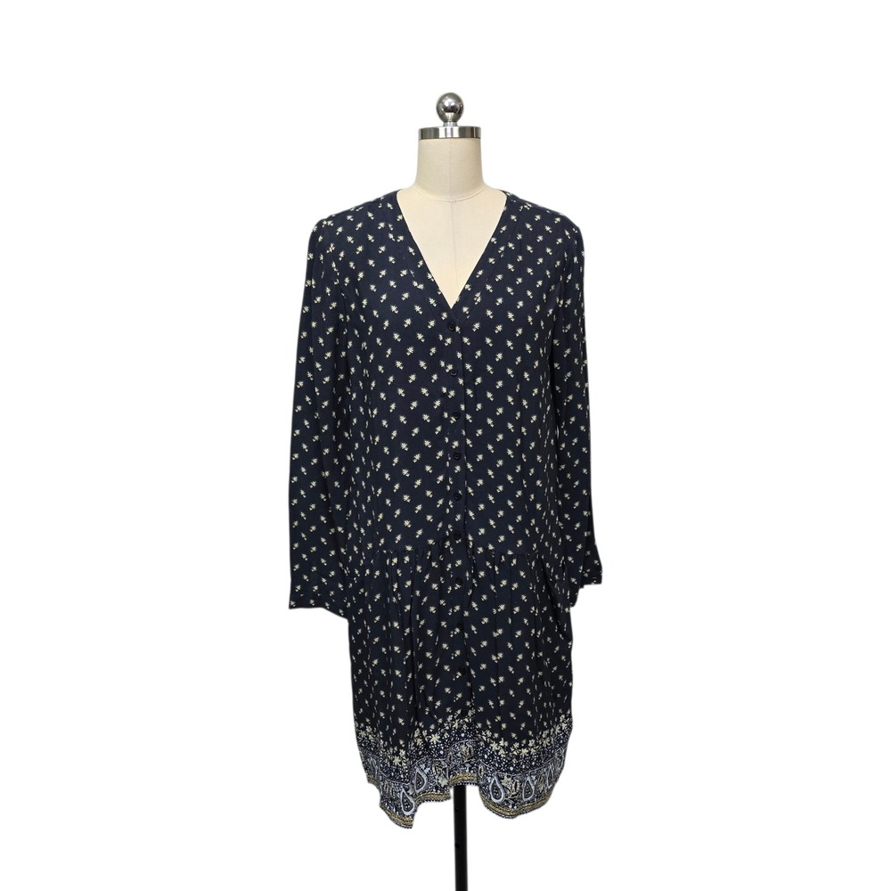 Garnet Hill Womens Navy Blue Floral Paisley Drop Waist Button Front Dress Sz 10